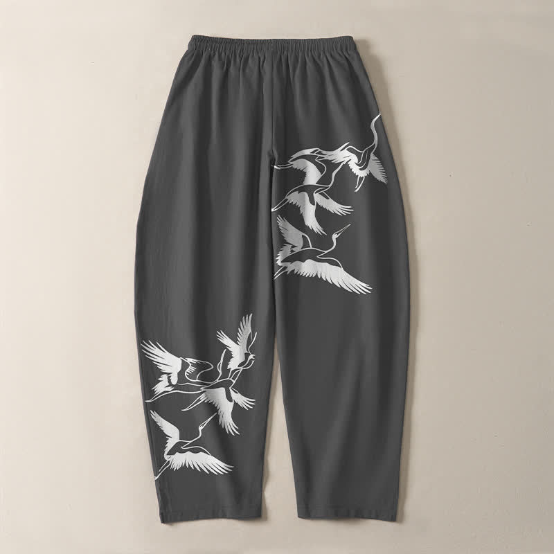 Buddha Stones Pure Cotton Flying Crane Pattern Drawstring Men's Tapered Pants With Pockets - image 10