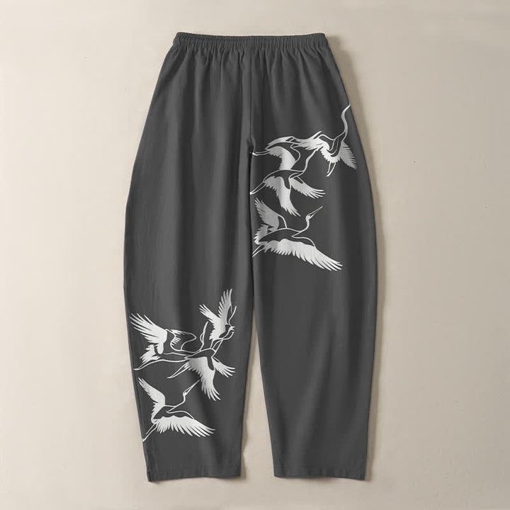Buddha Stones Pure Cotton Flying Crane Pattern Drawstring Men's Tapered Pants With Pockets - image 10