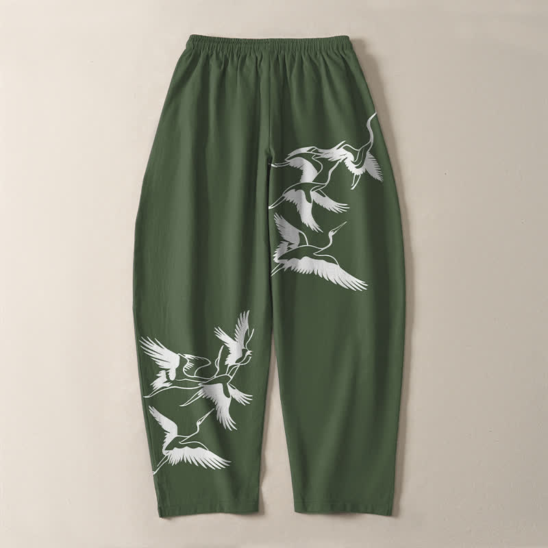 Buddha Stones Pure Cotton Flying Crane Pattern Drawstring Men's Tapered Pants With Pockets - image 14