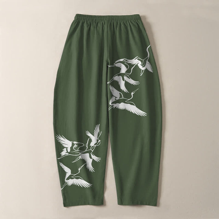 Buddha Stones Pure Cotton Flying Crane Pattern Drawstring Men's Tapered Pants With Pockets - image 14