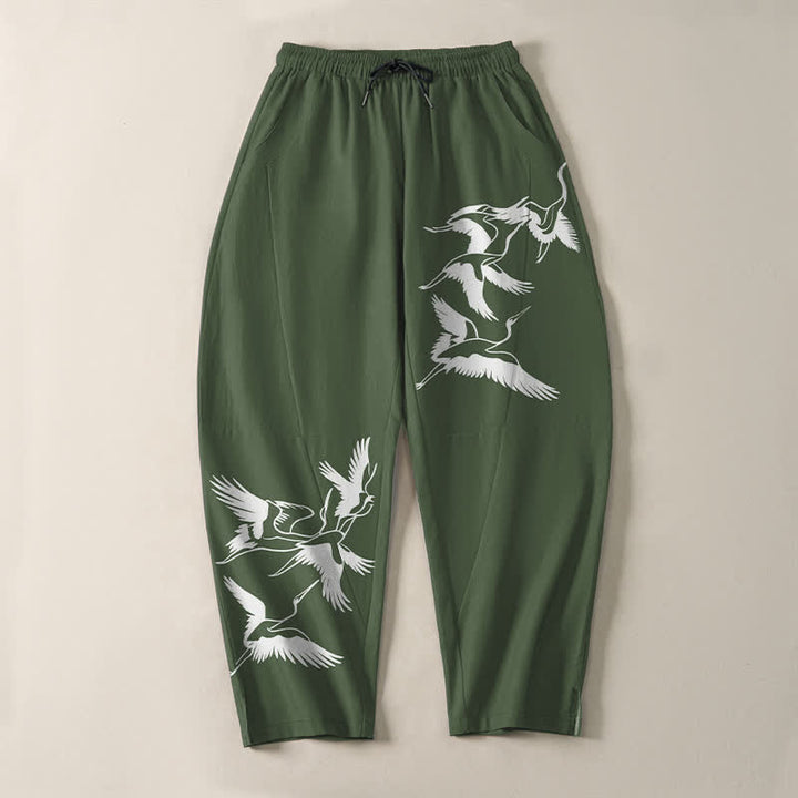 Buddha Stones Pure Cotton Flying Crane Pattern Drawstring Men's Tapered Pants With Pockets - image 13
