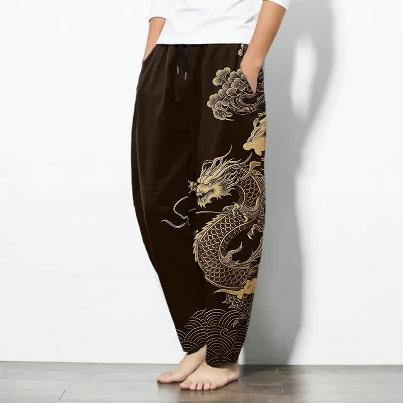 Buddha Stones Pure Cotton Golden Dragon Cloud Pattern Drawstring Men's Tapered Pants With Pockets - image 1
