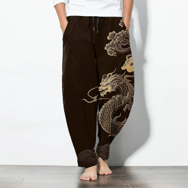 Buddha Stones Pure Cotton Golden Dragon Cloud Pattern Drawstring Men's Tapered Pants With Pockets - SaddleBrown - US/UK/AU50，EU60 (5XL) - image 0