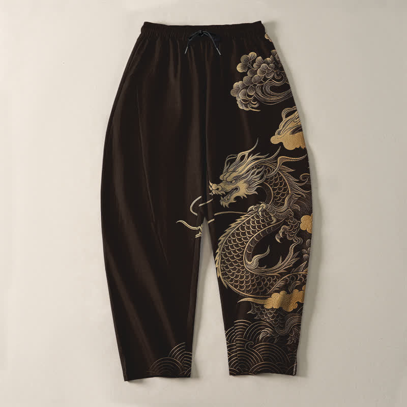 Buddha Stones Pure Cotton Golden Dragon Cloud Pattern Drawstring Men's Tapered Pants With Pockets - image 3