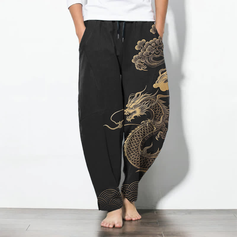 Buddha Stones Pure Cotton Golden Dragon Cloud Pattern Drawstring Men's Tapered Pants With Pockets - Black - US/UK/AU50，EU60 (5XL) - image 7
