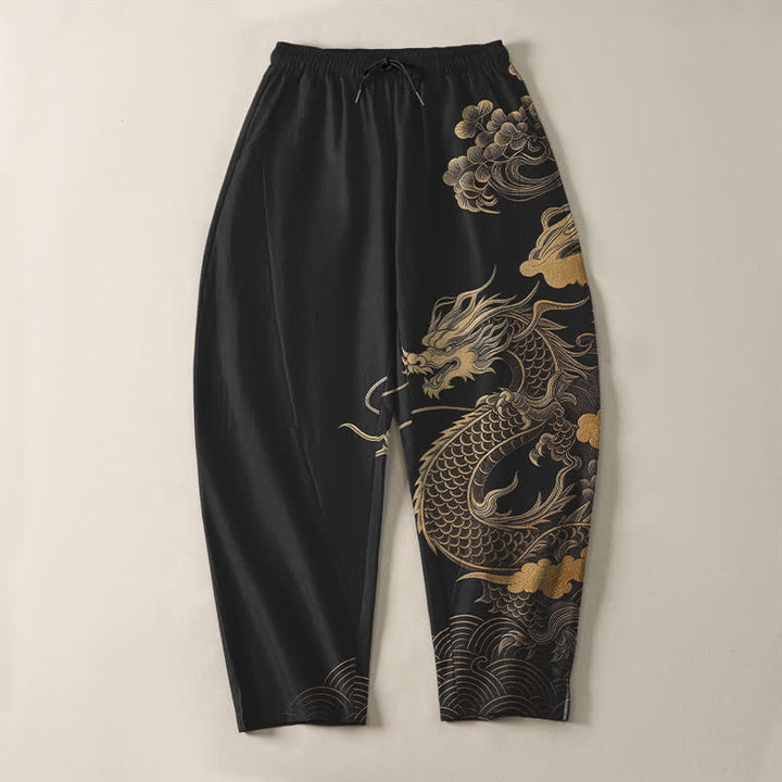 Buddha Stones Pure Cotton Golden Dragon Cloud Pattern Drawstring Men's Tapered Pants With Pockets - image 9