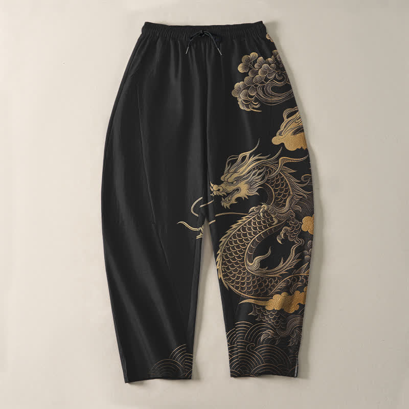 Buddha Stones Pure Cotton Golden Dragon Cloud Pattern Drawstring Men's Tapered Pants With Pockets - image 9