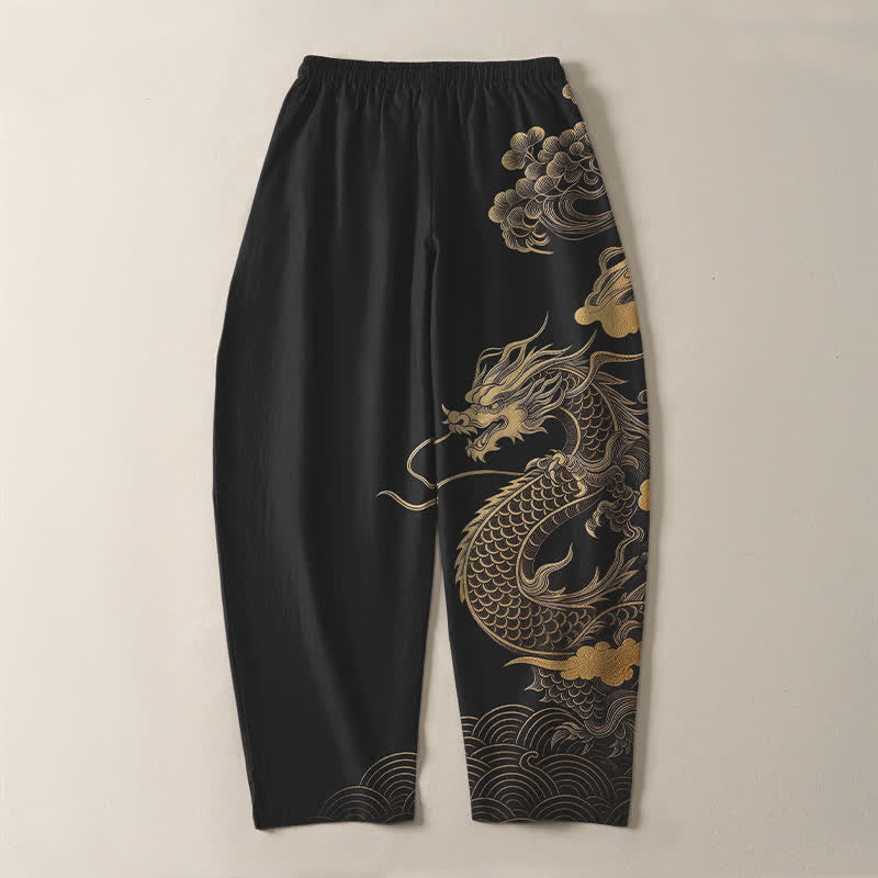 Buddha Stones Pure Cotton Golden Dragon Cloud Pattern Drawstring Men's Tapered Pants With Pockets - image 10