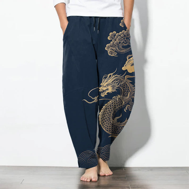 Buddha Stones Pure Cotton Golden Dragon Cloud Pattern Drawstring Men's Tapered Pants With Pockets - Navy - US/UK/AU50，EU60 (5XL) - image 11