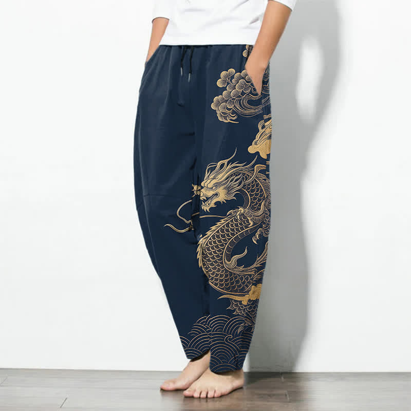 Buddha Stones Pure Cotton Golden Dragon Cloud Pattern Drawstring Men's Tapered Pants With Pockets - image 12