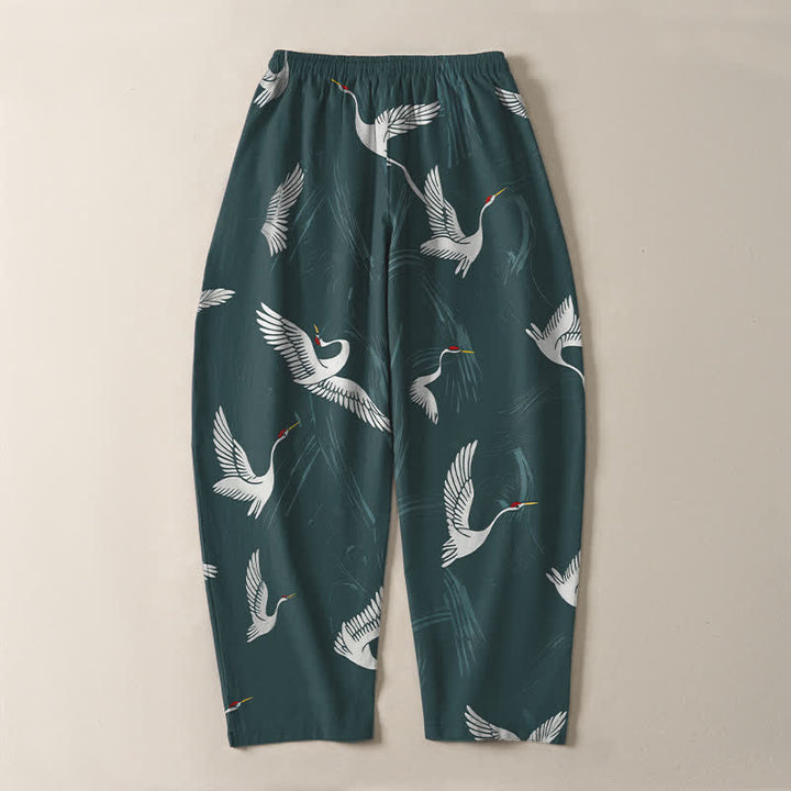 Buddha Stones Pure Cotton Black White Crane Pattern Drawstring Men's Tapered Pants With Pockets - image 10