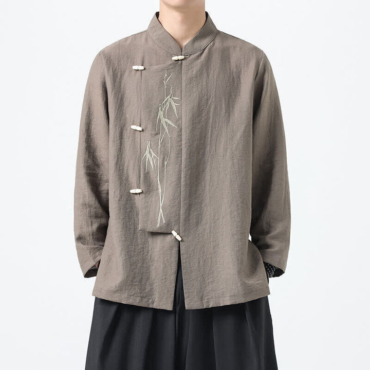 Buddha Stones Spring Tang Style Vintage Mandarin Collar Frog Button Bamboo Embroidery Men's Long Sleeve Shirts - Tan - US/UK/AU46，EU56 (5XL) - image 11