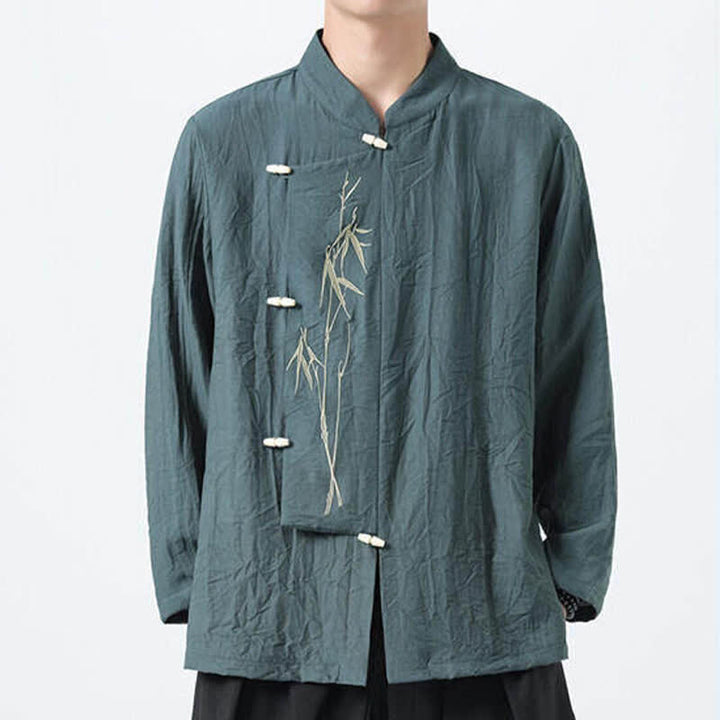 Buddha Stones Spring Tang Style Vintage Mandarin Collar Frog Button Bamboo Embroidery Men's Long Sleeve Shirts - image 3