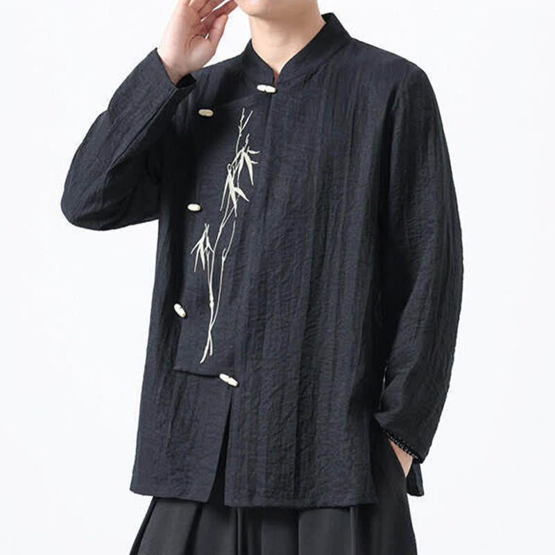Buddha Stones Spring Tang Style Vintage Mandarin Collar Frog Button Bamboo Embroidery Men's Long Sleeve Shirts - image 10