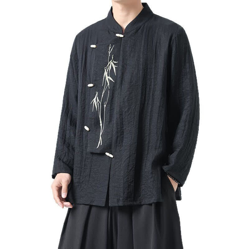 Buddha Stones Spring Tang Style Vintage Mandarin Collar Frog Button Bamboo Embroidery Men's Long Sleeve Shirts - image 8