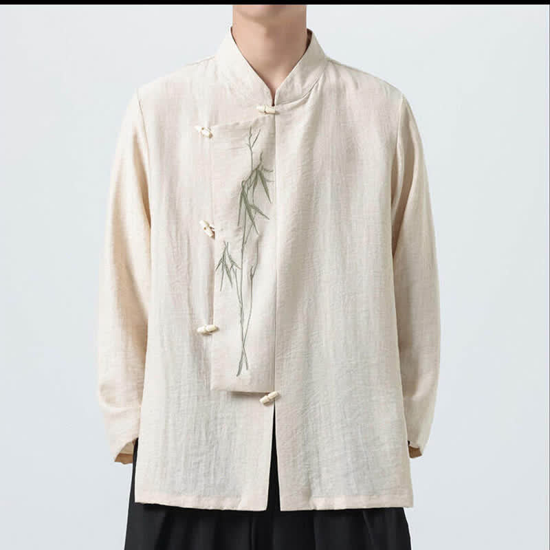 Buddha Stones Spring Tang Style Vintage Mandarin Collar Frog Button Bamboo Embroidery Men's Long Sleeve Shirts - image 19