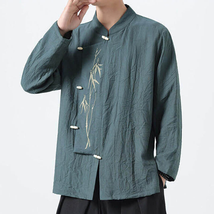 Buddha Stones Spring Tang Style Vintage Mandarin Collar Frog Button Bamboo Embroidery Men's Long Sleeve Shirts - image 2