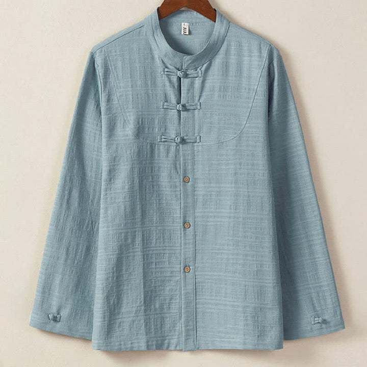 Buddha Stones Fall Winter Tang Style Vintage Mandarin Collar Frog Button Solid Men's Long Sleeve Shirts - LightSteelBlue - US/UK/AU46，EU56 (5XL) - image 0