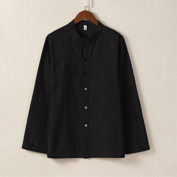 Buddha Stones Fall Winter Tang Style Vintage Mandarin Collar Frog Button Solid Men's Long Sleeve Shirts - Black - US/UK/AU46，EU56 (5XL) - image 2