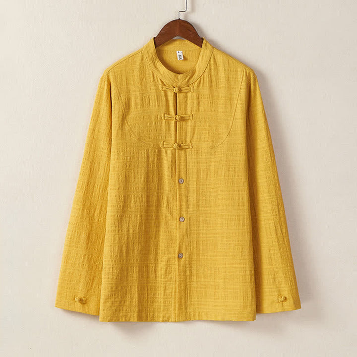 Buddha Stones Fall Winter Tang Style Vintage Mandarin Collar Frog Button Solid Men's Long Sleeve Shirts - Gold - US/UK/AU46，EU56 (5XL) - image 4