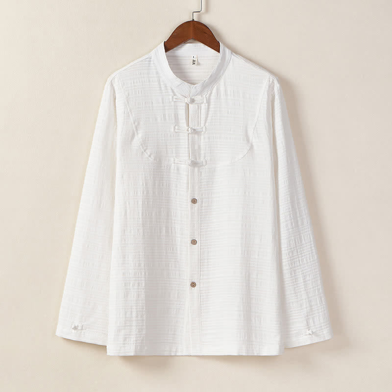 Buddha Stones Fall Winter Tang Style Vintage Mandarin Collar Frog Button Solid Men's Long Sleeve Shirts - White - US/UK/AU46，EU56 (5XL) - image 13