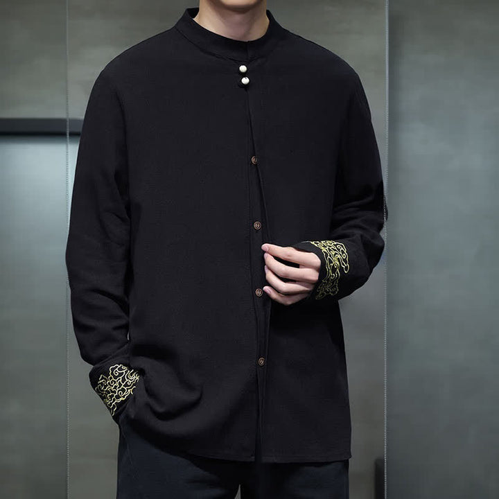 Buddha Stones Fall Winter Tang Style Casual Mandarin Collar Embroidery Auspicious Clouds Cuffs Solid Men's Long Sleeve Shirts - image 13