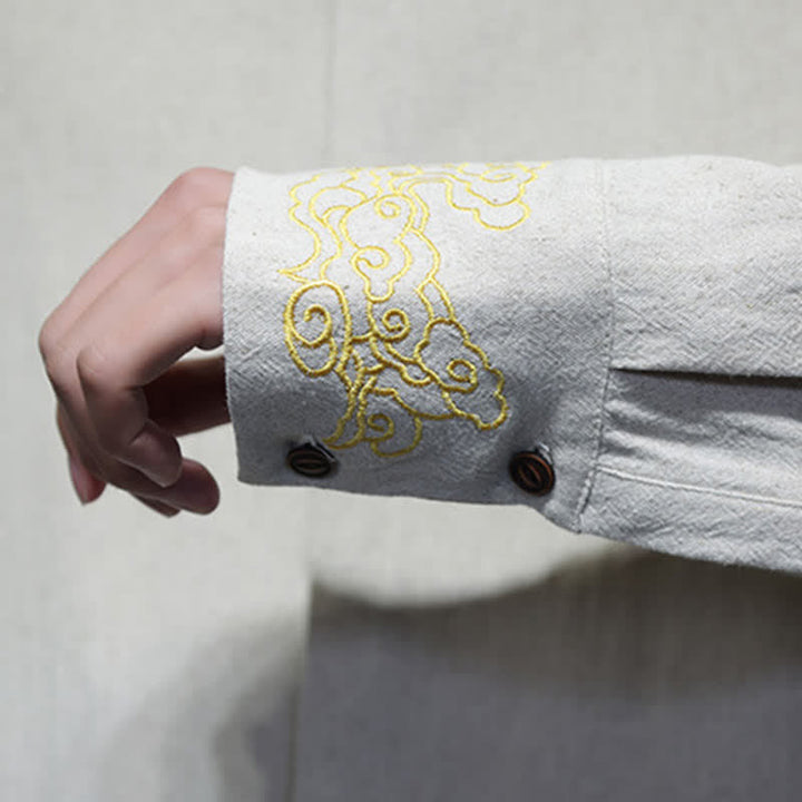 Buddha Stones Fall Winter Tang Style Casual Mandarin Collar Embroidery Auspicious Clouds Cuffs Solid Men's Long Sleeve Shirts - image 27