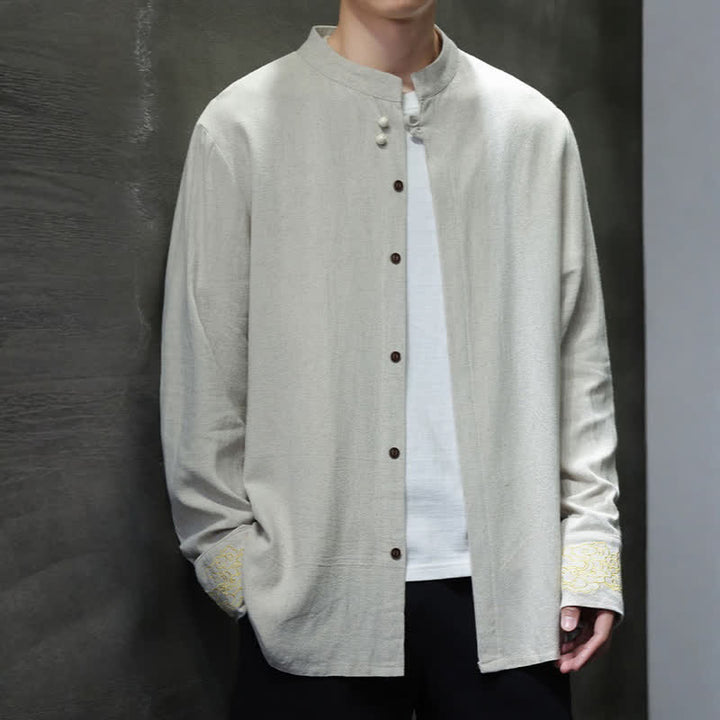 Buddha Stones Fall Winter Tang Style Casual Mandarin Collar Embroidery Auspicious Clouds Cuffs Solid Men's Long Sleeve Shirts - image 23
