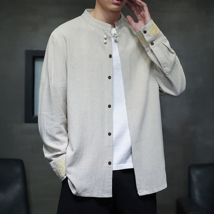 Buddha Stones Fall Winter Tang Style Casual Mandarin Collar Embroidery Auspicious Clouds Cuffs Solid Men's Long Sleeve Shirts - image 20