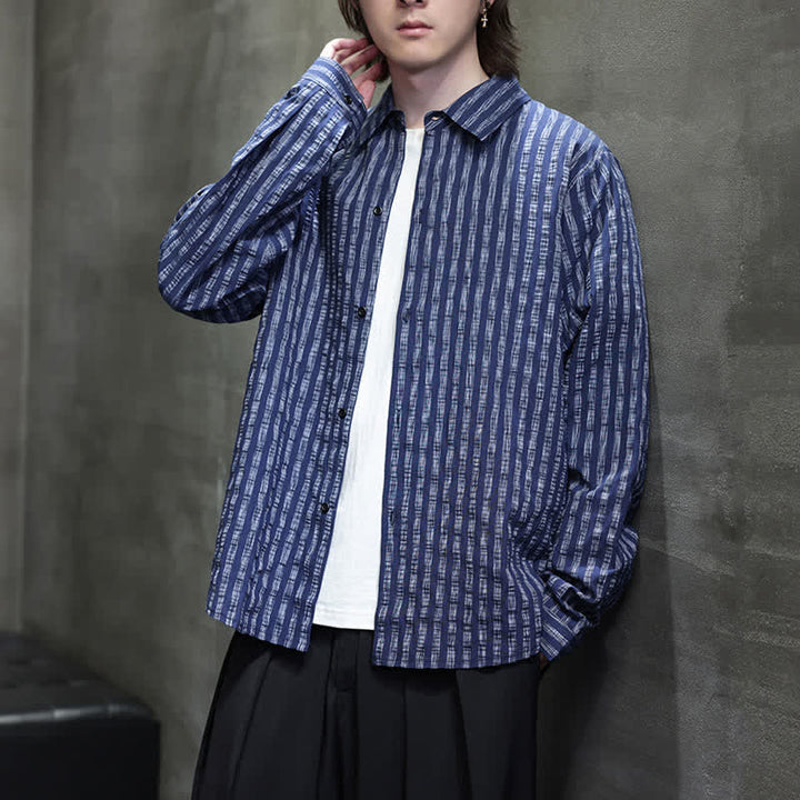 Buddha Stones Fall Casual Minimalist Button-Up Striped Men's Long Sleeve Shirts - image 7