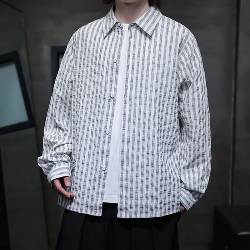 Buddha Stones Fall Casual Minimalist Button-Up Striped Men's Long Sleeve Shirts - image 14