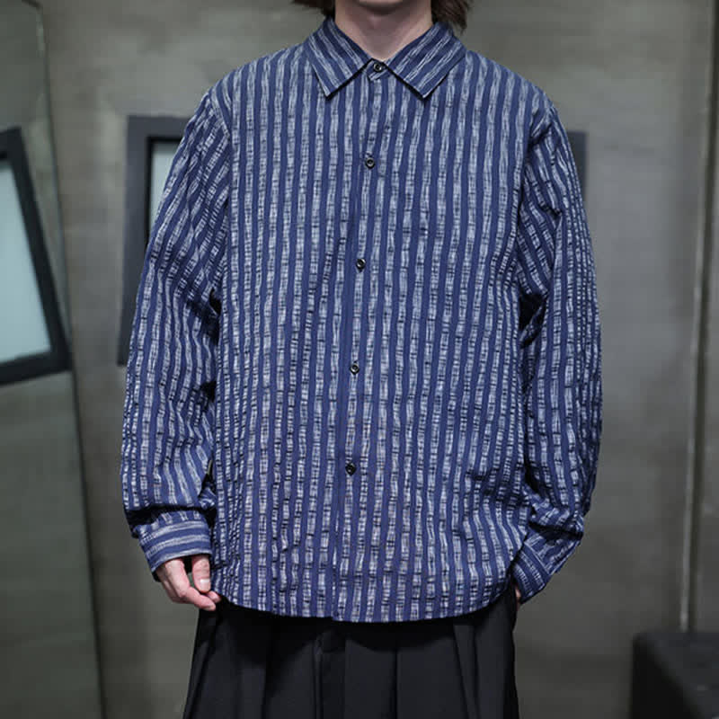 Buddha Stones Fall Casual Minimalist Button-Up Striped Men's Long Sleeve Shirts - image 5