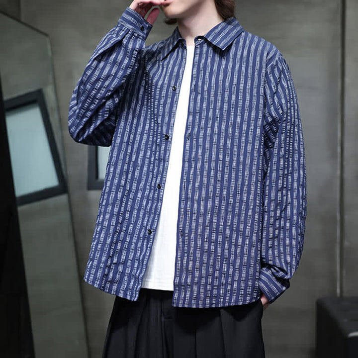 Buddha Stones Fall Casual Minimalist Button-Up Striped Men's Long Sleeve Shirts - image 8