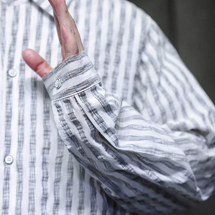 Buddha Stones Fall Casual Minimalist Button-Up Striped Men's Long Sleeve Shirts - image 21