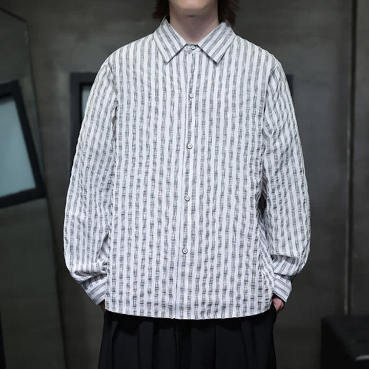 Buddha Stones Fall Casual Minimalist Button-Up Striped Men's Long Sleeve Shirts - image 18