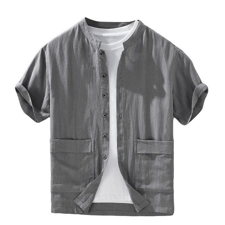 Buddha Stones Summer Casual Mandarin Collar Button-Up Solid Men's Short Sleeve Shirts With Pockets - image 4