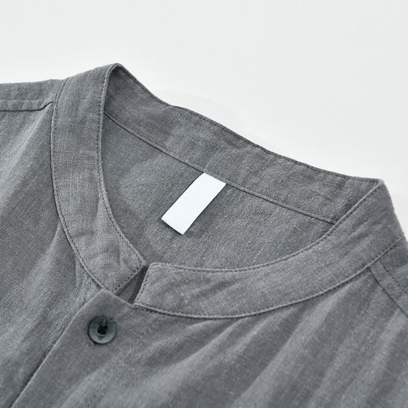 Buddha Stones Summer Casual Mandarin Collar Button-Up Solid Men's Short Sleeve Shirts With Pockets - image 5