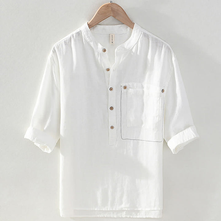 Buddha Stones Summer Casual Tang Style Mandarin Collar Solid Linen Men's Short Sleeve Shirts With Patch Pocket - White - US/UK/AU42，EU52 (3XL) - image 13
