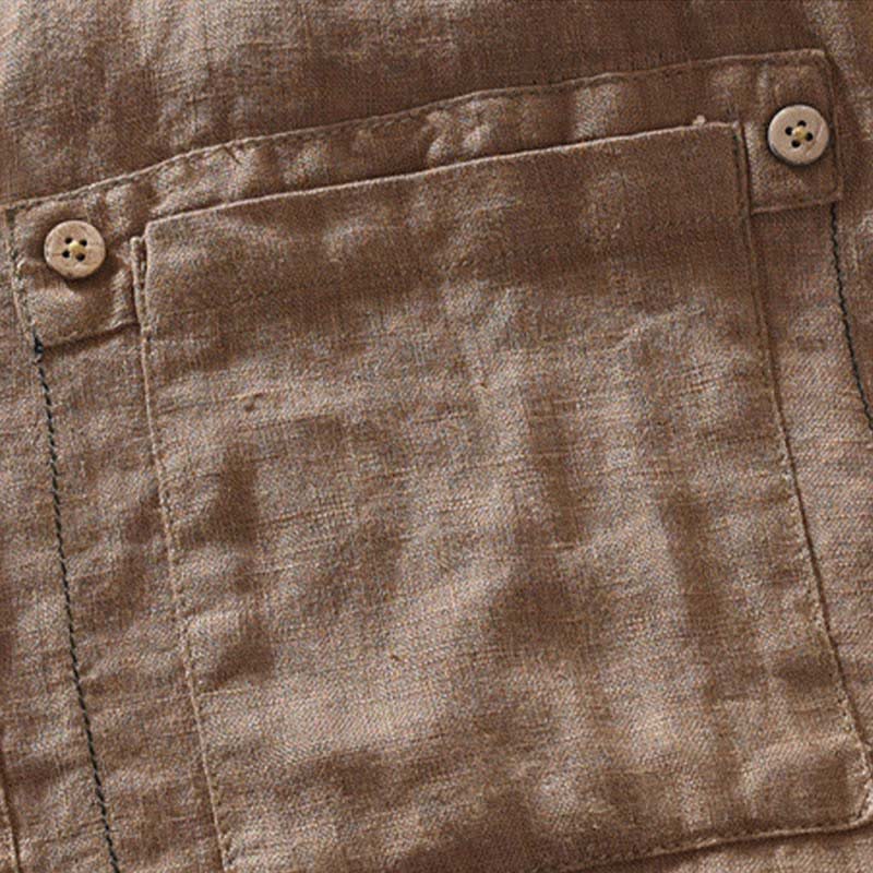 Buddha Stones Summer Casual Tang Style Mandarin Collar Solid Linen Men's Short Sleeve Shirts With Patch Pocket - image 3