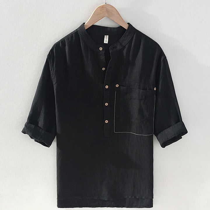 Buddha Stones Summer Casual Tang Style Mandarin Collar Solid Linen Men's Short Sleeve Shirts With Patch Pocket - Black - US/UK/AU42，EU52 (3XL) - image 8