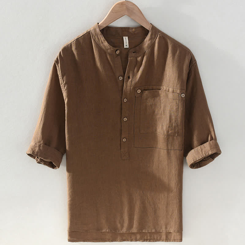 Buddha Stones Summer Casual Tang Style Mandarin Collar Solid Linen Men's Short Sleeve Shirts With Patch Pocket - Sienna - US/UK/AU42，EU52 (3XL) - image 0