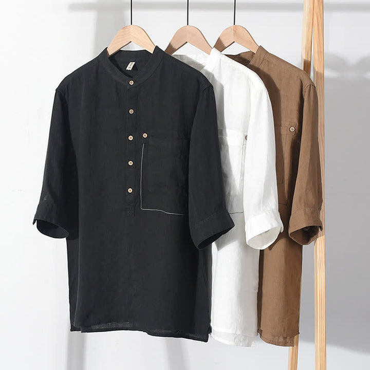 Buddha Stones Summer Casual Tang Style Mandarin Collar Solid Linen Men's Short Sleeve Shirts With Patch Pocket - image 21