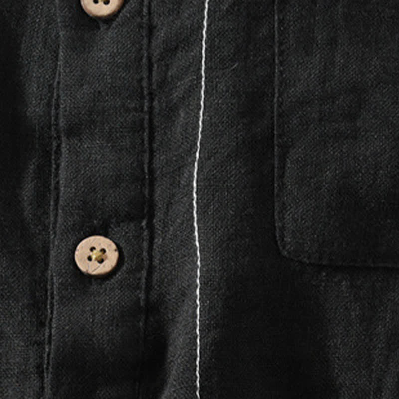 Buddha Stones Summer Casual Tang Style Mandarin Collar Solid Linen Men's Short Sleeve Shirts With Patch Pocket - image 12