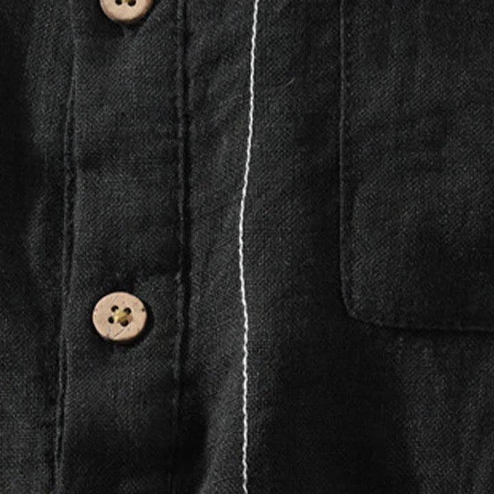 Buddha Stones Summer Casual Tang Style Mandarin Collar Solid Linen Men's Short Sleeve Shirts With Patch Pocket - image 12