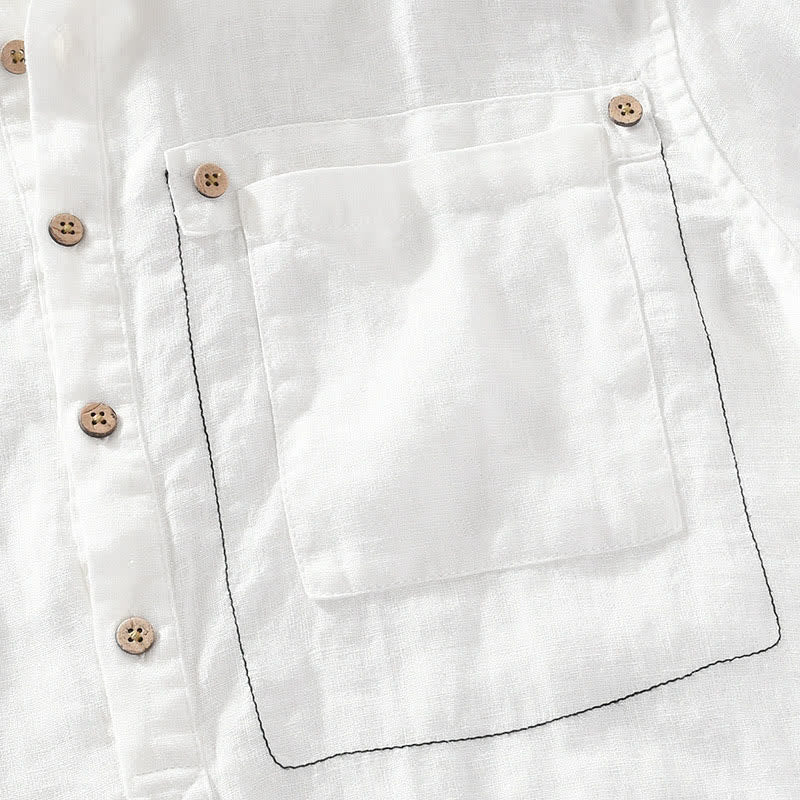 Buddha Stones Summer Casual Tang Style Mandarin Collar Solid Linen Men's Short Sleeve Shirts With Patch Pocket - image 16