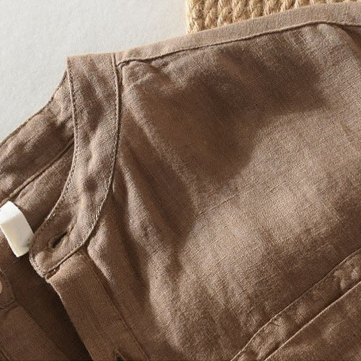 Buddha Stones Summer Casual Tang Style Mandarin Collar Solid Linen Men's Short Sleeve Shirts With Patch Pocket - image 2