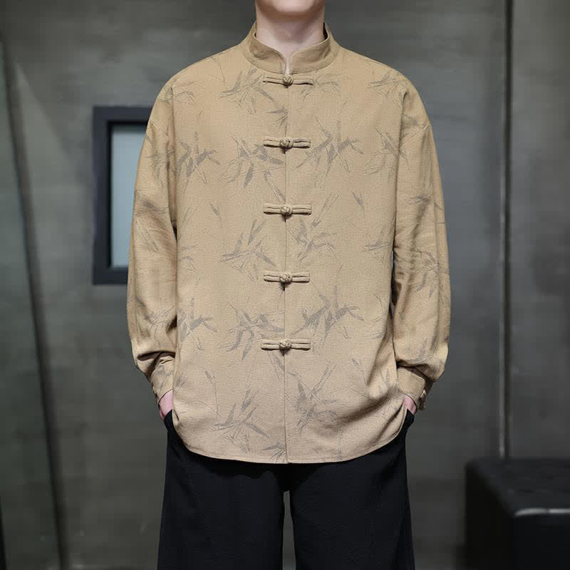 Buddha Stones Fall Tang Style Vintage Mandarin Collar Bamboo Leaf Cotton Linen Men's Long Sleeve Shirts - Tan - US/UK/AU46，EU56 (5XL) - image 11