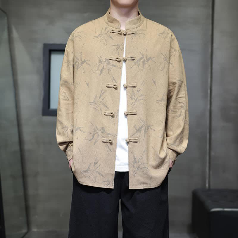 Buddha Stones Fall Tang Style Vintage Mandarin Collar Bamboo Leaf Cotton Linen Men's Long Sleeve Shirts - image 15