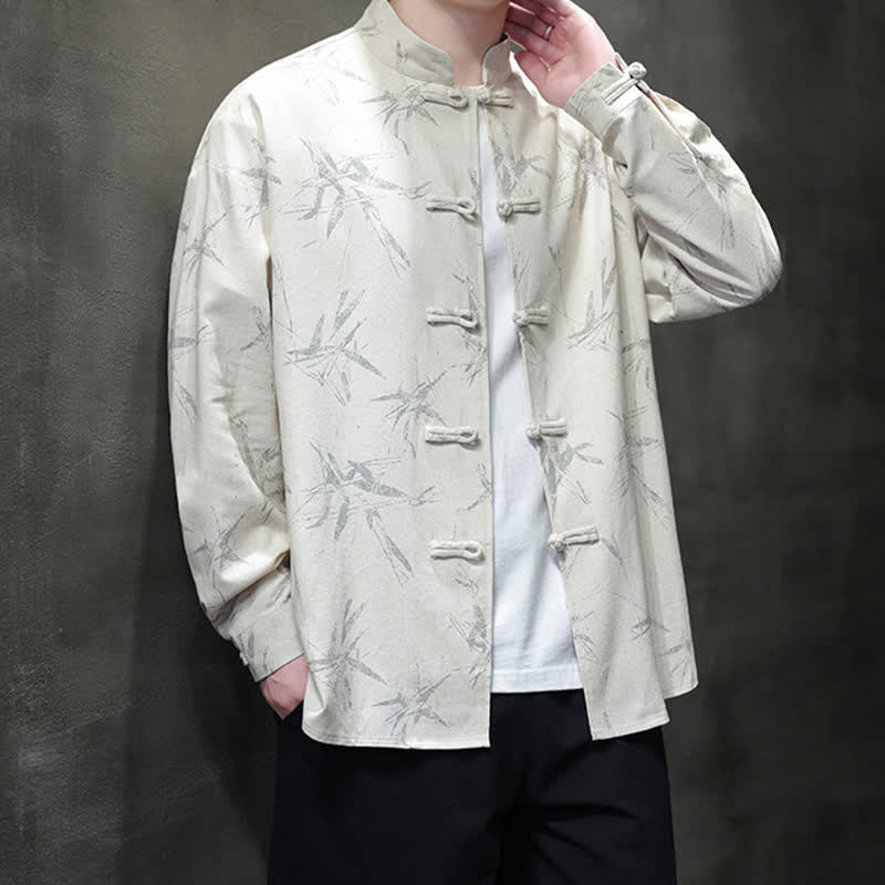 Buddha Stones Fall Tang Style Vintage Mandarin Collar Bamboo Leaf Cotton Linen Men's Long Sleeve Shirts - image 3