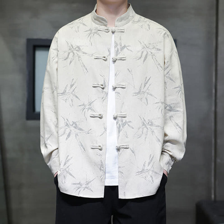 Buddha Stones Fall Tang Style Vintage Mandarin Collar Bamboo Leaf Cotton Linen Men's Long Sleeve Shirts - image 8